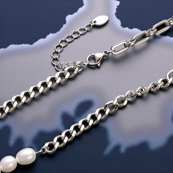 ποΈPadlock Freshwater Pearl 18K White Gold Plated Stainless Steel Necklace - Picture 6 of 15